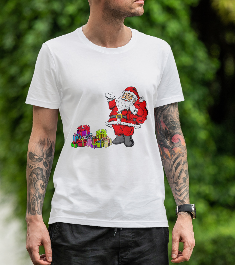 Santa Claus Joyfully Delivering Colorful Presents T-Shirt