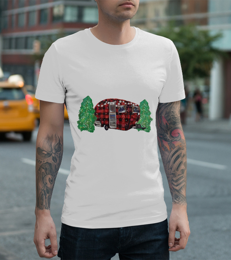 Watercolor Christmas Buffalo Plaid Camper with Trees T-Shirt