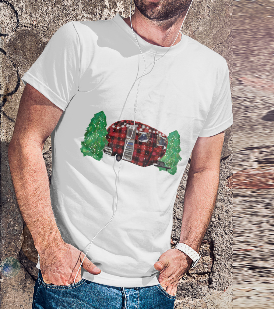 Watercolor Christmas Buffalo Plaid Camper With Trees T-Shirt