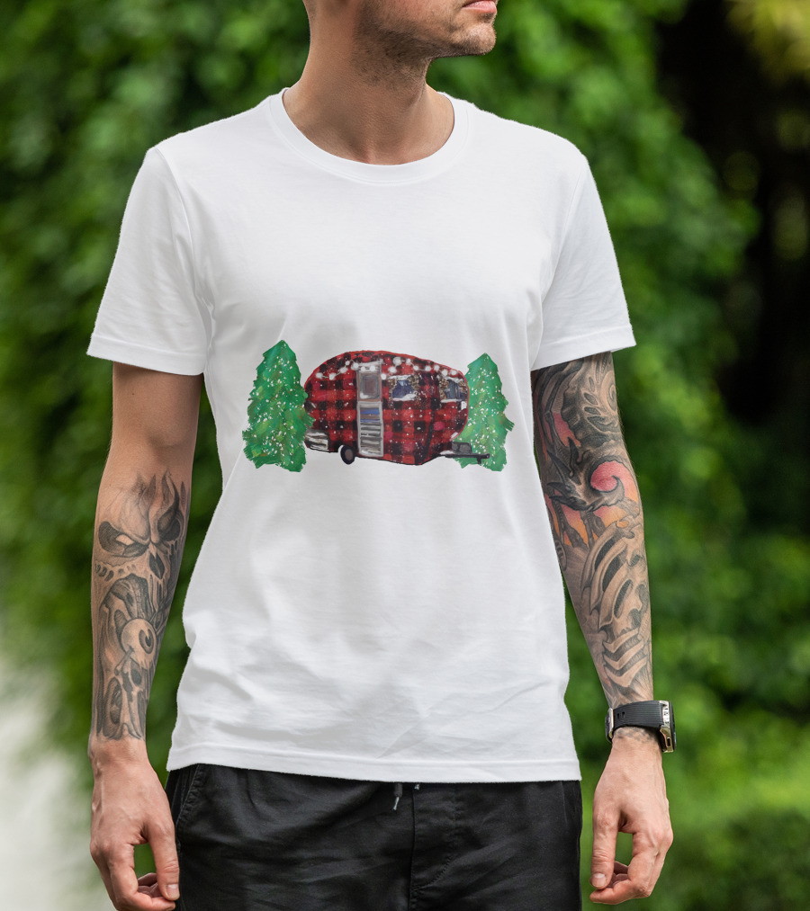 Watercolor Christmas Buffalo Plaid Camper With Trees T-Shirt