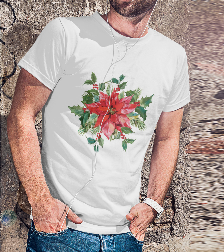 Watercolor Christmas Poinsettia With Holly Leaves And Berries T-Shirt