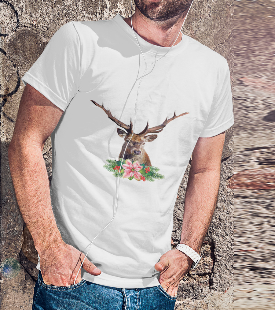 Watercolor Christmas Reindeer With Poinsettia And Pine Branches T-Shirt