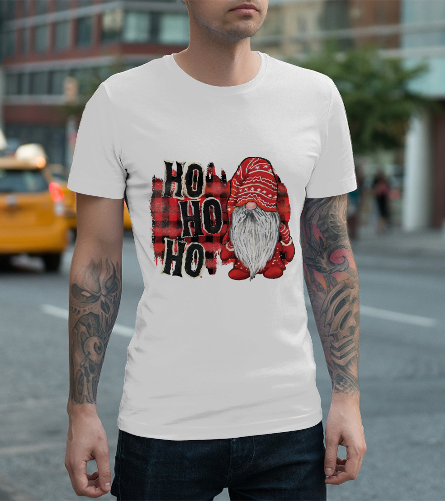 Watercolor Plaid Christmas Gnome Ho Ho Ho Red Holiday T-Shirt