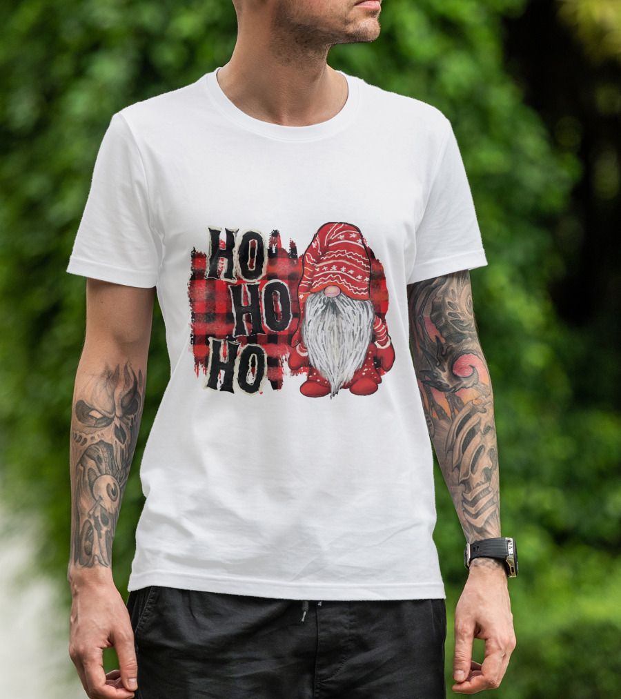 Watercolor Plaid Christmas Gnome Ho Ho Ho Red Holiday T-Shirt