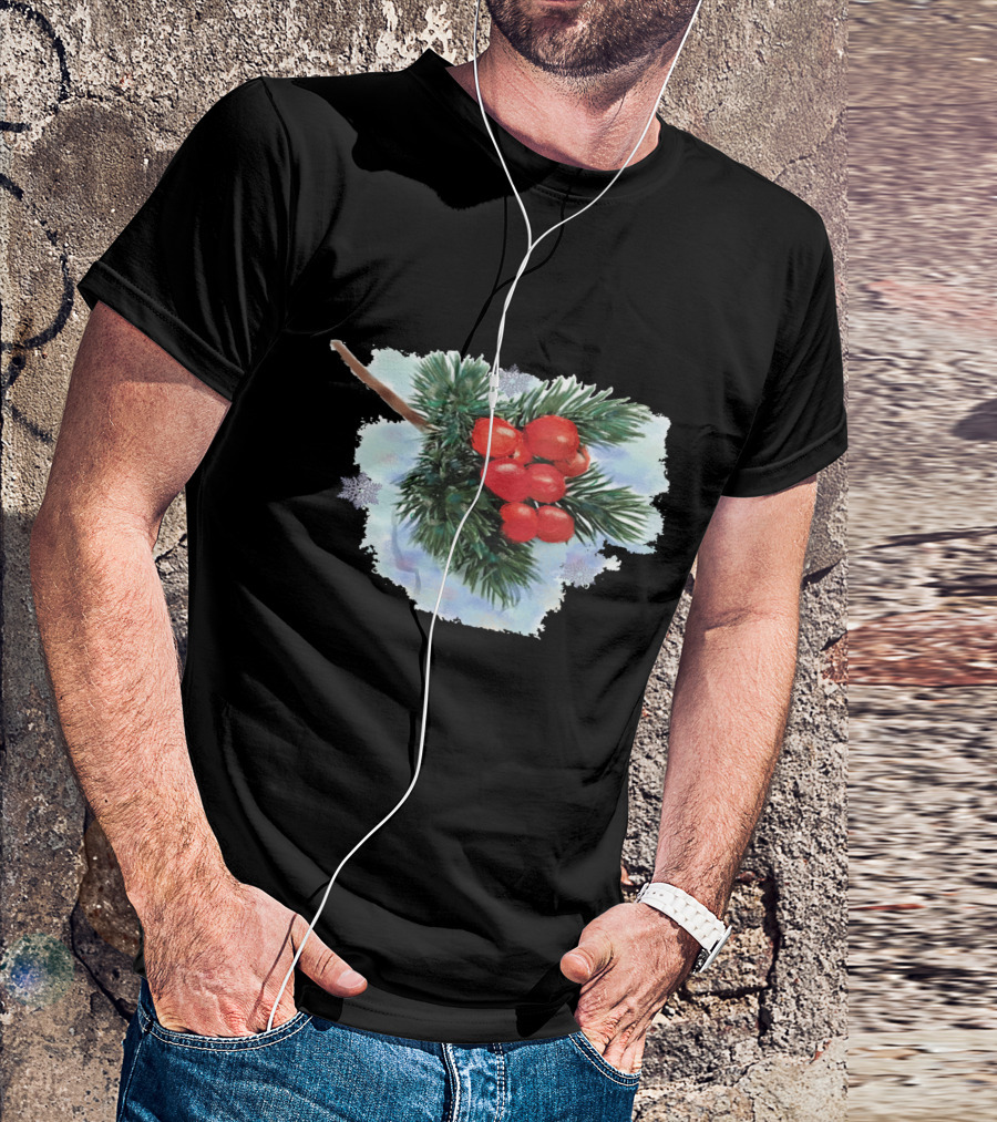 Watercolor Holiday Christmas Holly Berries Branch Pine Needles T-Shirt