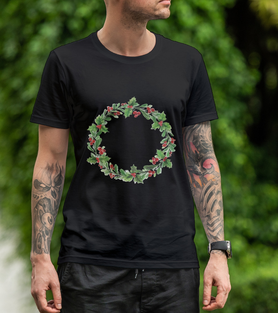 Watercolor Christmas Wreath Hollies And Berries Xmas T-Shirt