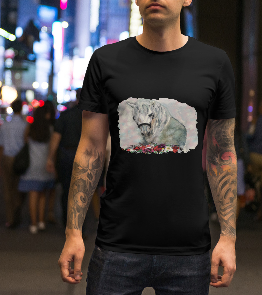 Watercolor White Horse With Floral Accents T-Shirt