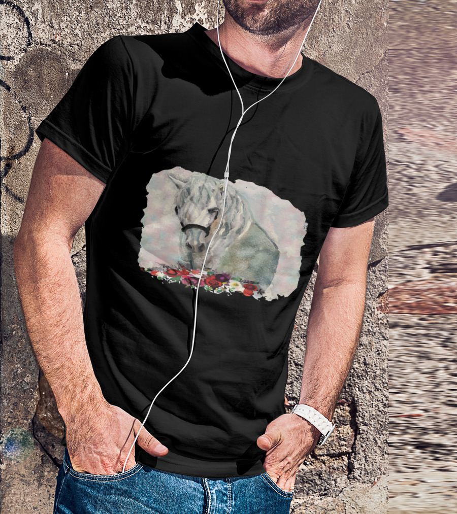 Watercolor White Horse With Floral Accents T-Shirt
