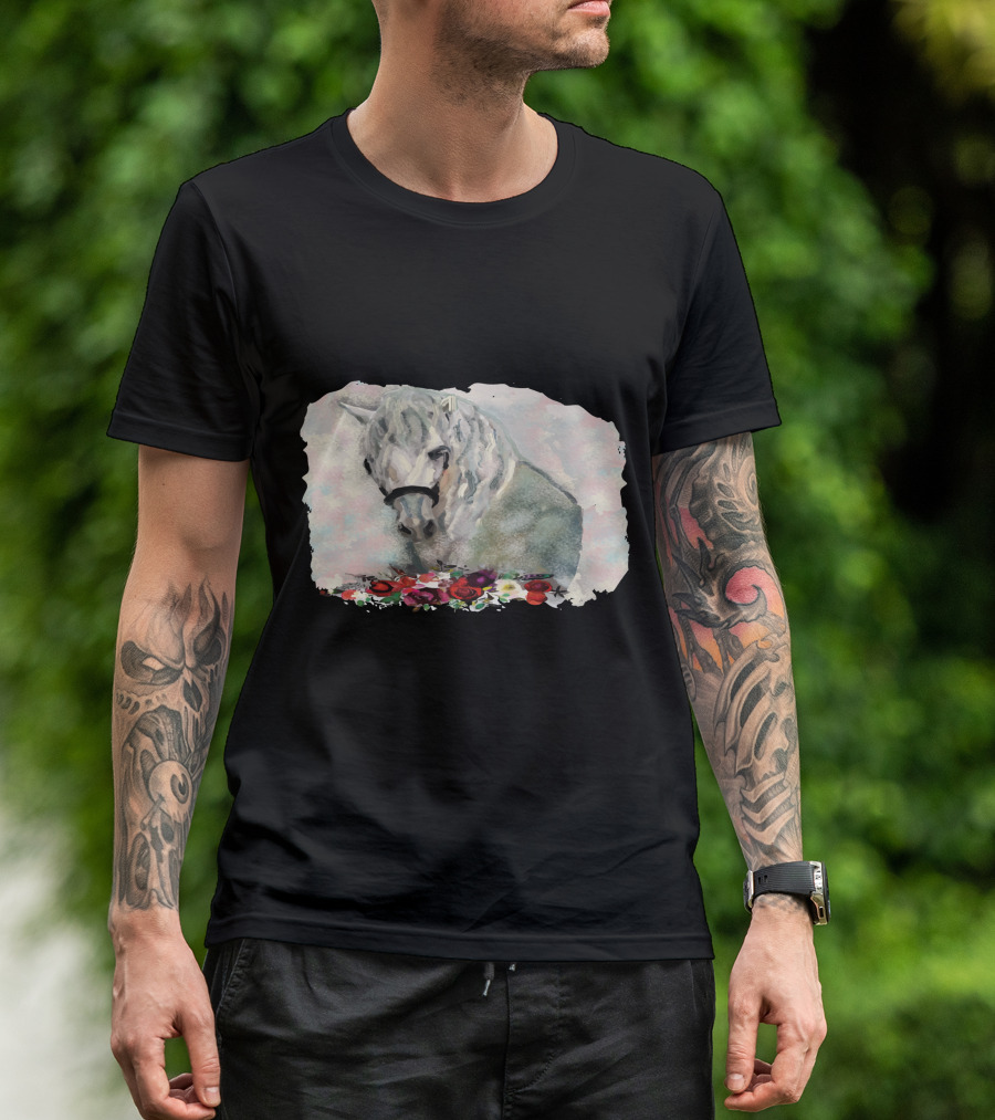 Watercolor White Horse With Floral Accents T-Shirt