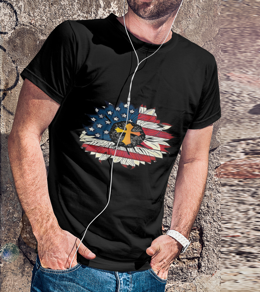 American Flag Cross Floral Design Sunflower Center T-Shirt