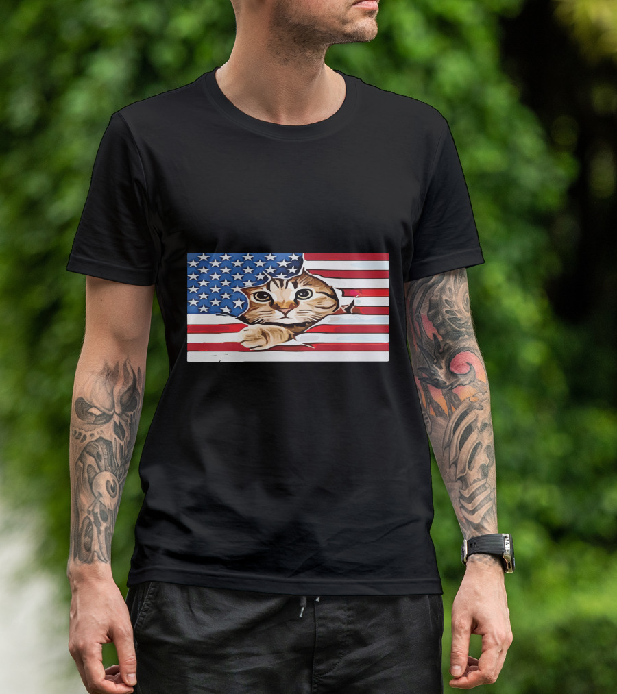 Cat Peeking Through American Flag T-Shirt