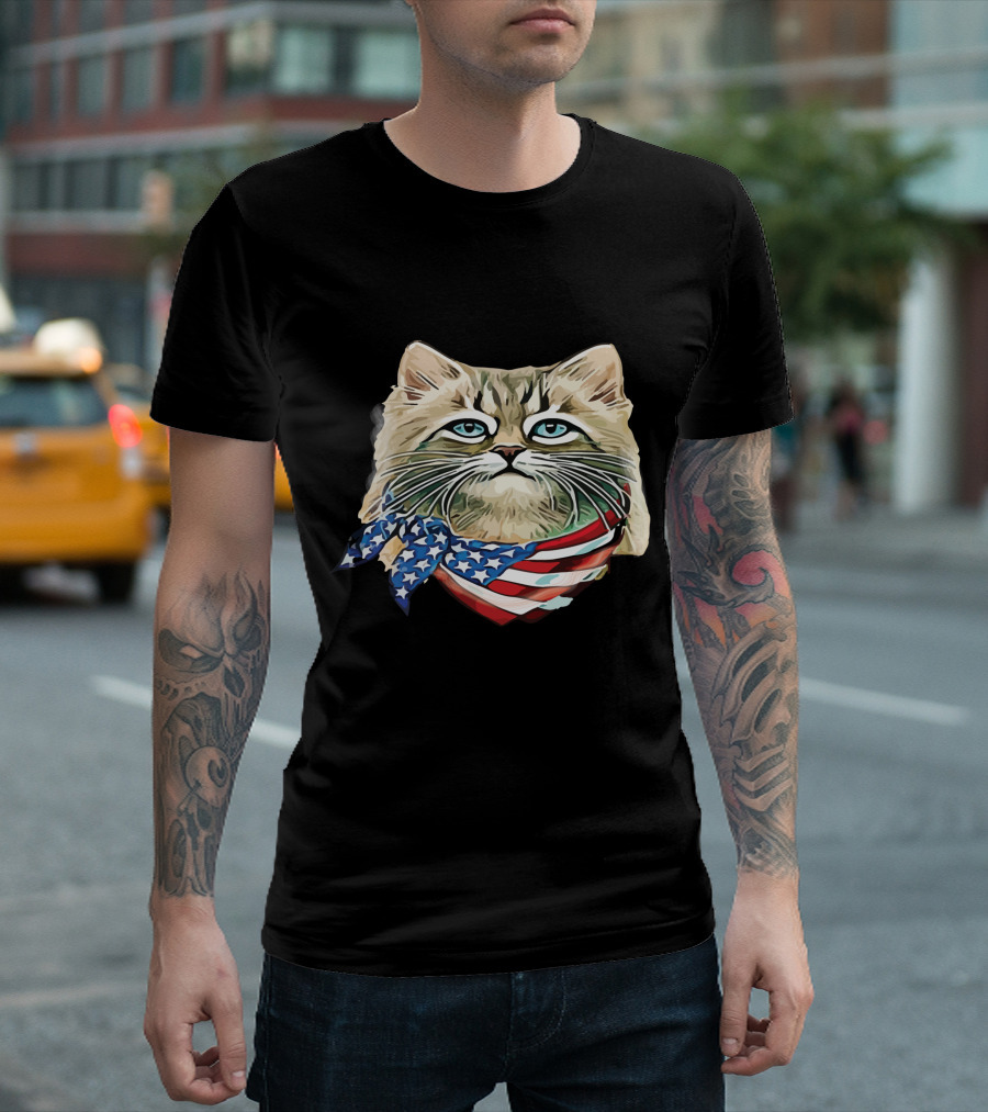 Fluffy Cat Wearing Stars And Stripes Flag Bandana T-Shirt