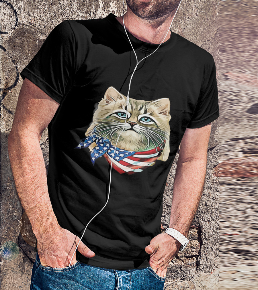 Fluffy Cat Wearing Stars And Stripes Flag Bandana T-Shirt