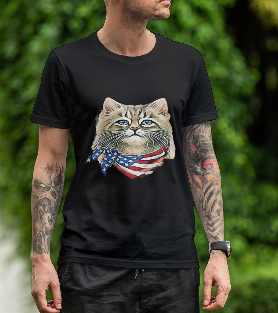 Fluffy Cat Wearing Stars And Stripes Flag Bandana T-Shirt