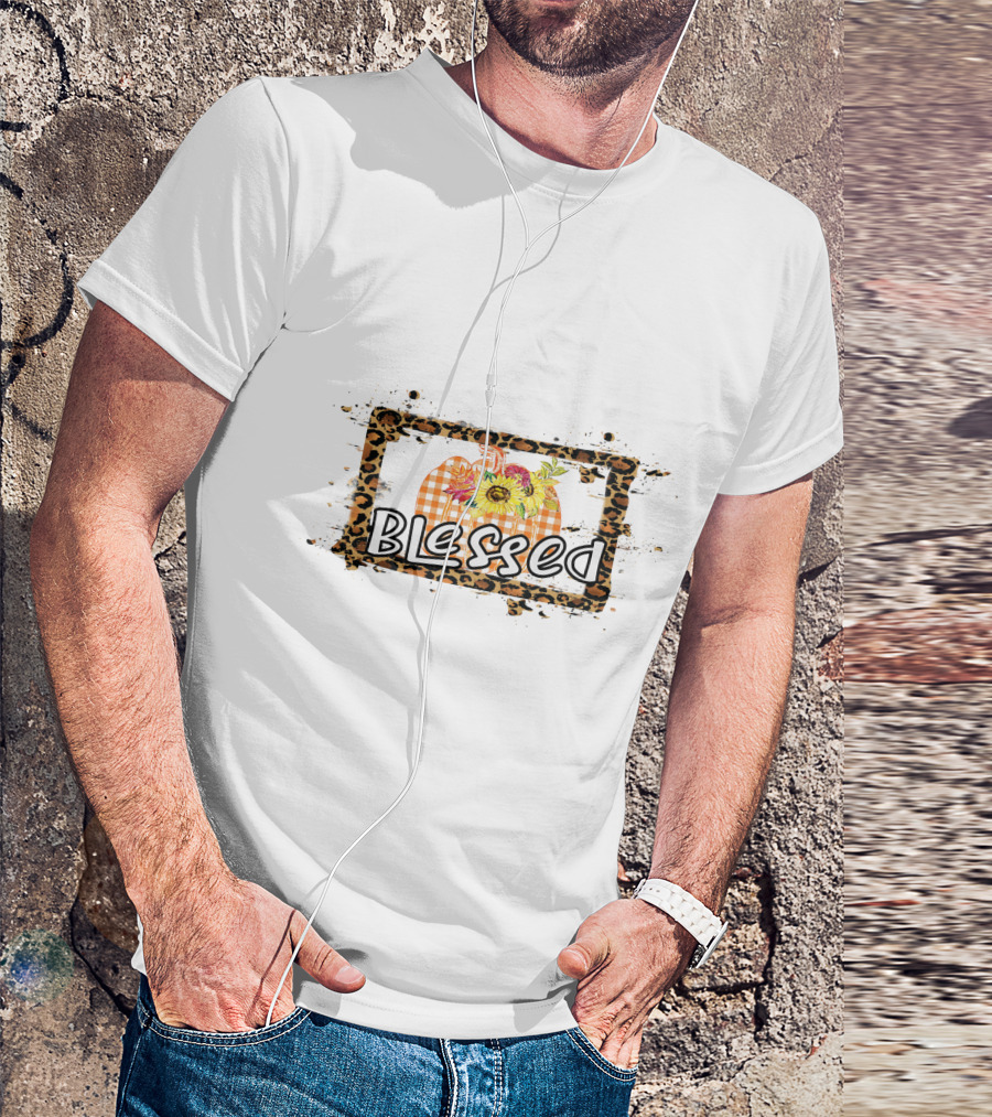 Blessed Leopard Frame Plaid Pumpkin Sunflowers T-Shirt
