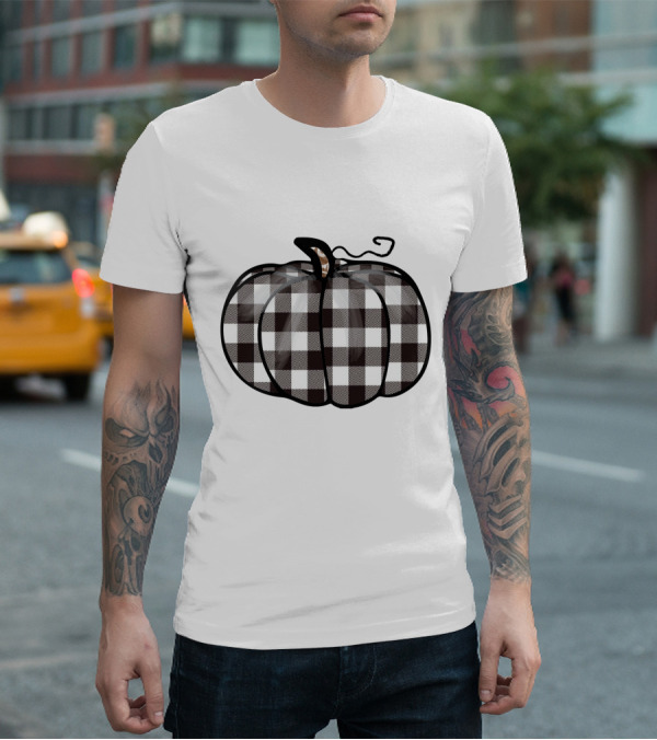 Buffalo Plaid Checkered Pumpkin White T-Shirt