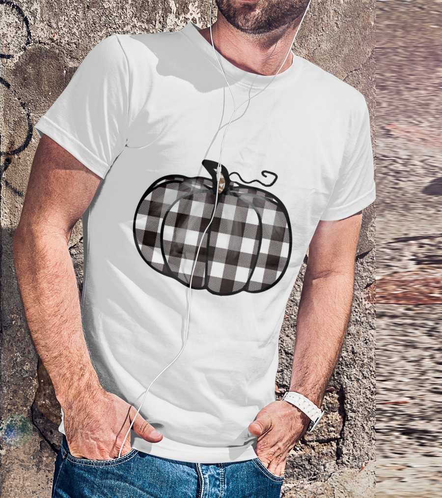 Buffalo Plaid Checkered Pumpkin White T-Shirt