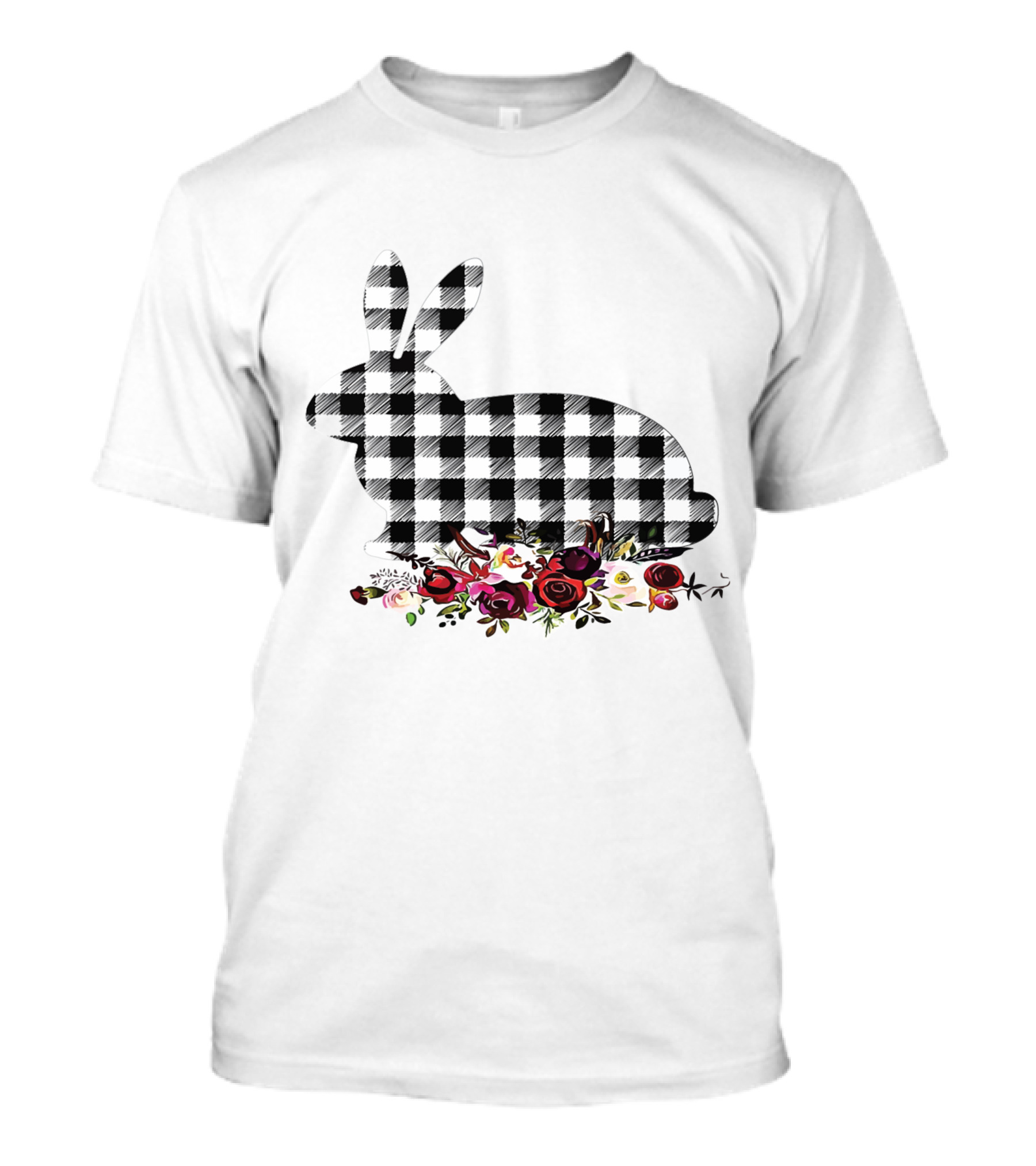 Bunny Black White Plaid Floral Roses T-Shirt