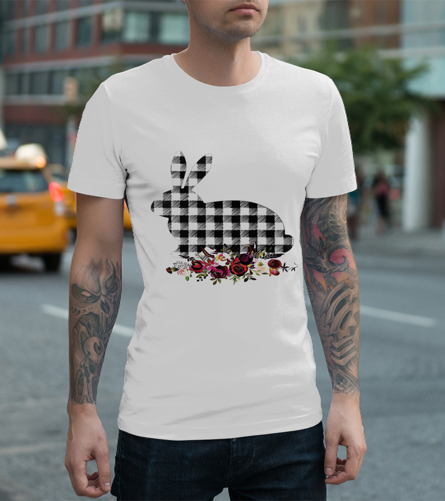 Bunny Black White Plaid Floral Roses T-Shirt
