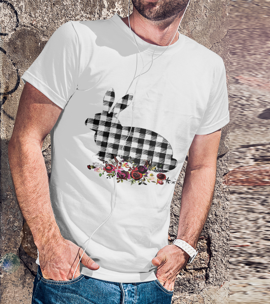 Bunny Black White Plaid Floral Roses T-Shirt