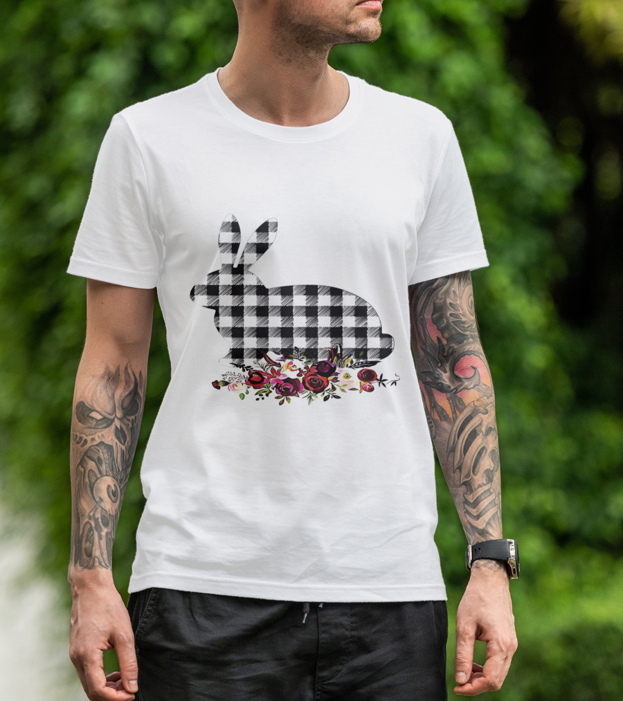 Bunny Black White Plaid Floral Roses T-Shirt