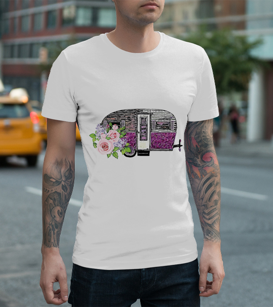 Flower Camping Car with Floral Vintage Caravan T-Shirt