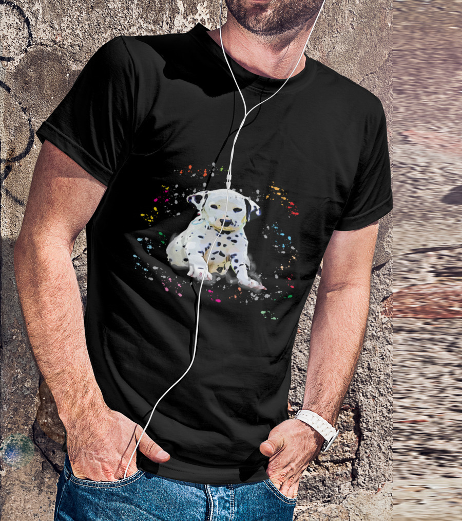 Dalmatian Puppy Surrounded By Splashes Of Colorful Snow T-Shirt