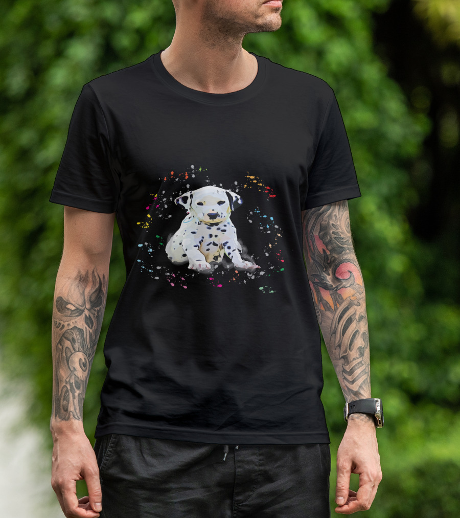 Dalmatian Puppy Surrounded By Splashes Of Colorful Snow T-Shirt