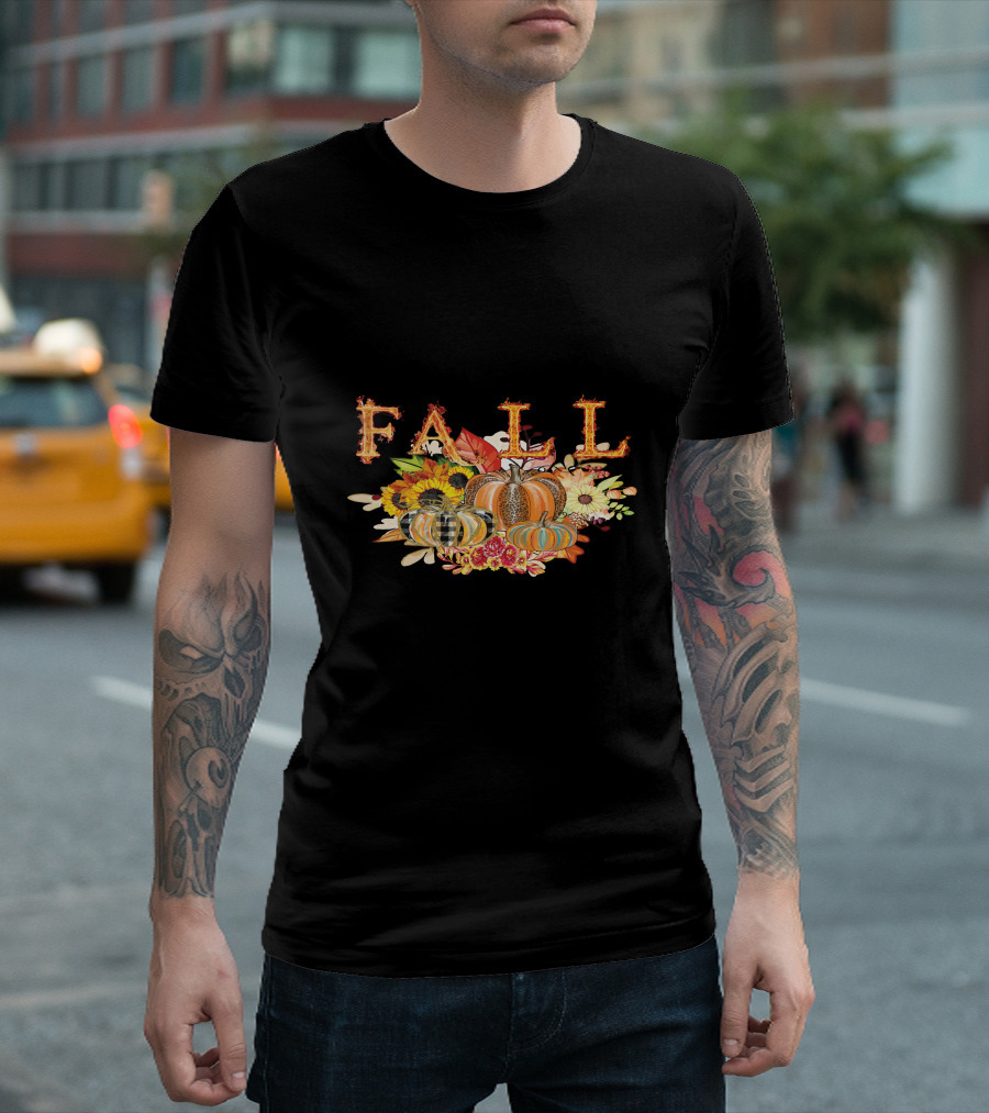 FALL Pumpkin Sunflowers and Leaves Thanksgiving T-Shirt
