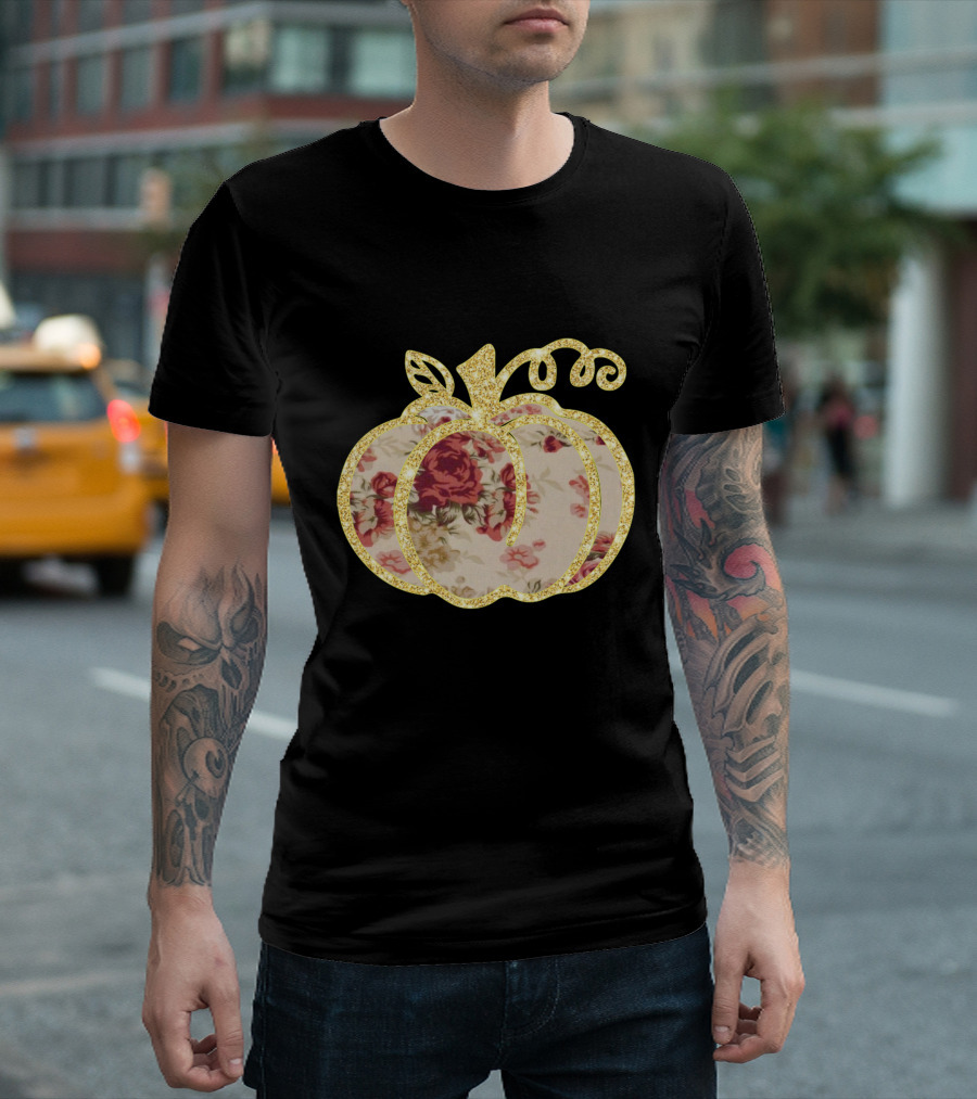 Glitter Floral Pumpkin Gold Trim T-Shirt