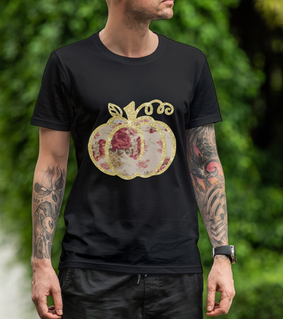 Glitter Floral Pumpkin Gold Trim T-Shirt