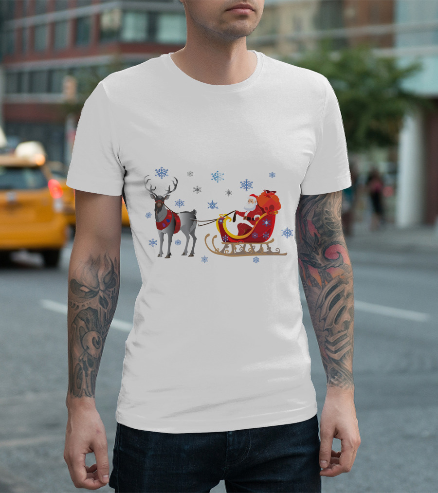 Christmas Santa with Reindeer and Sleigh Surrounded by Snowflakes T-Shirt