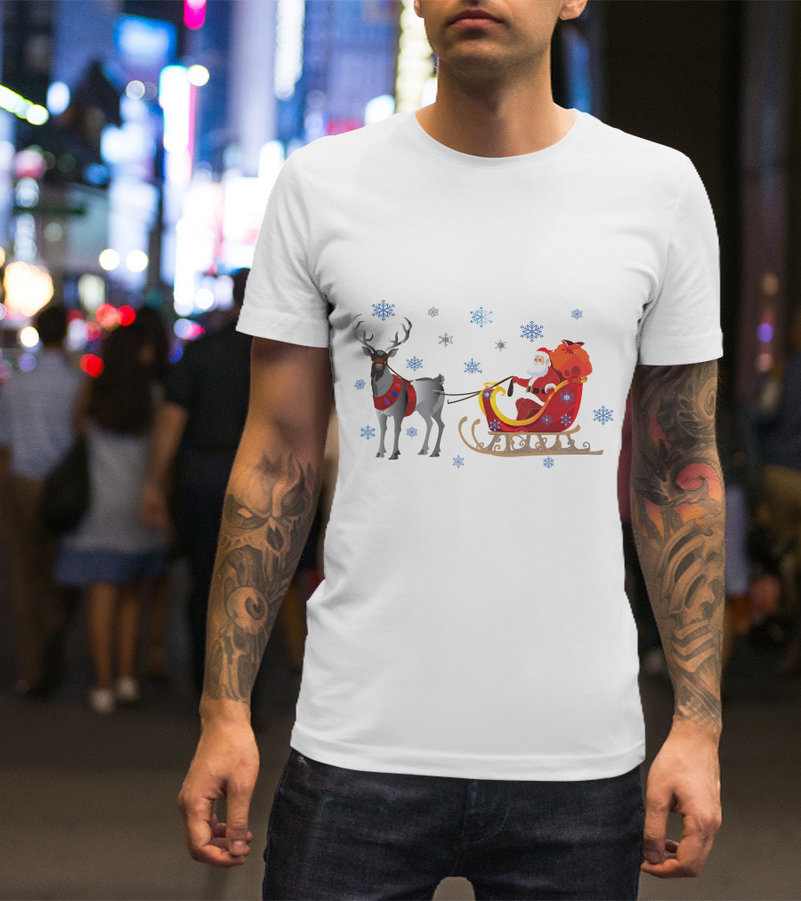 Christmas Santa With Reindeer And Sleigh Surrounded By Snowflakes T-Shirt