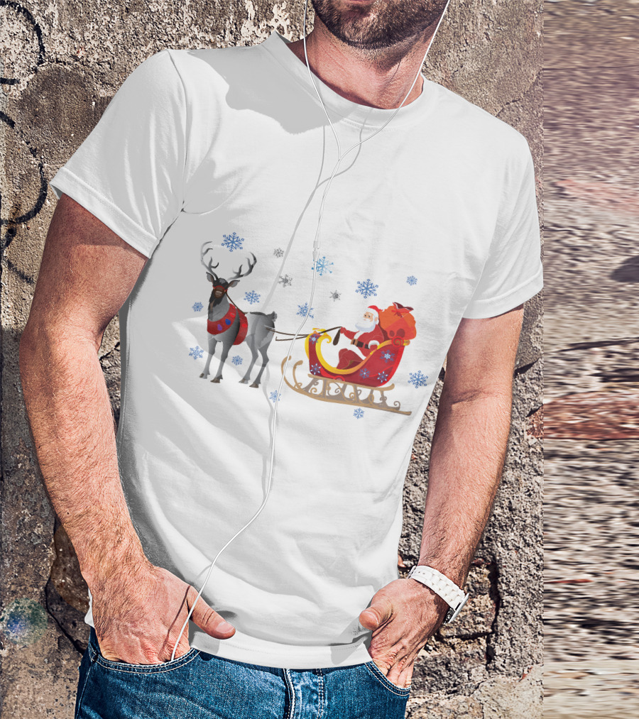 Christmas Santa With Reindeer And Sleigh Surrounded By Snowflakes T-Shirt
