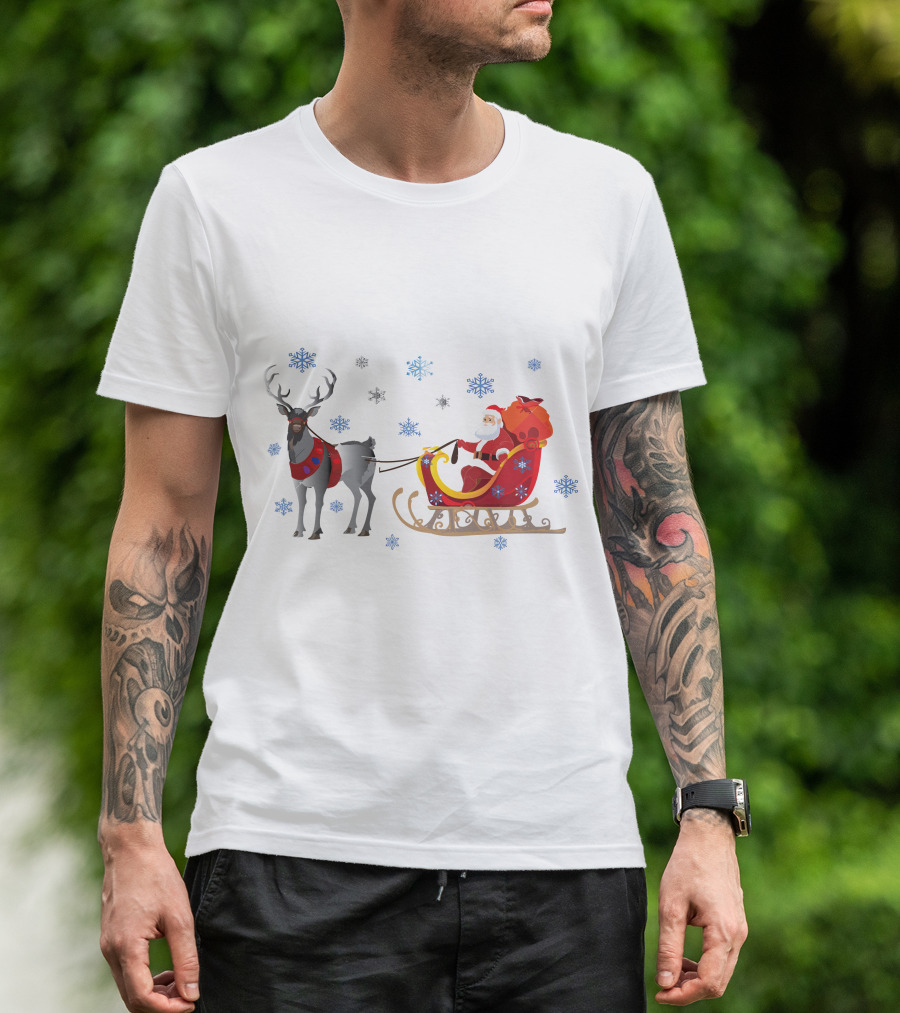 Christmas Santa With Reindeer And Sleigh Surrounded By Snowflakes T-Shirt