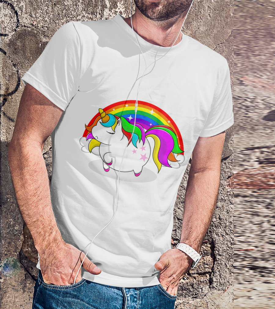 Cute Fat Unicorn With Rainbow Mane And Stars T-Shirt