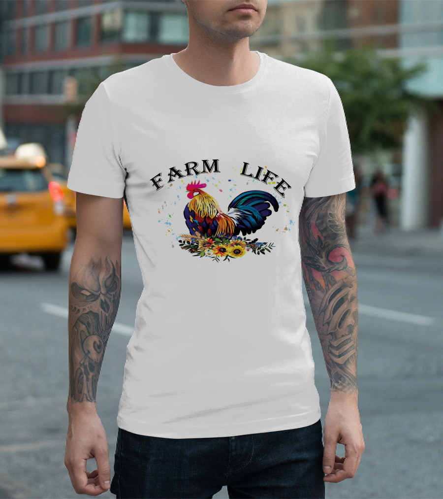 Farm Life Colorful Rooster Floral T-Shirt