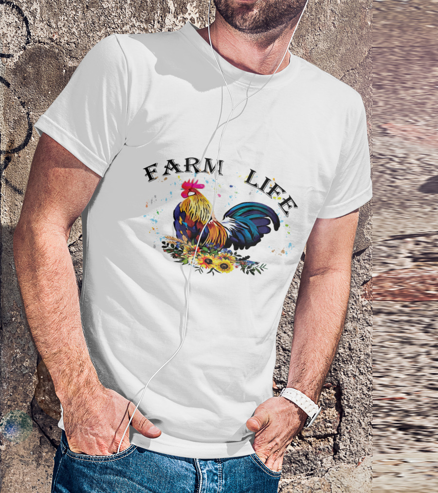 Farm Life Colorful Rooster Floral T-Shirt