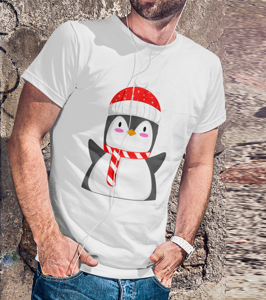 Pinguine Wearing Red Hat And Scarf Resembling A Snowman T-Shirt