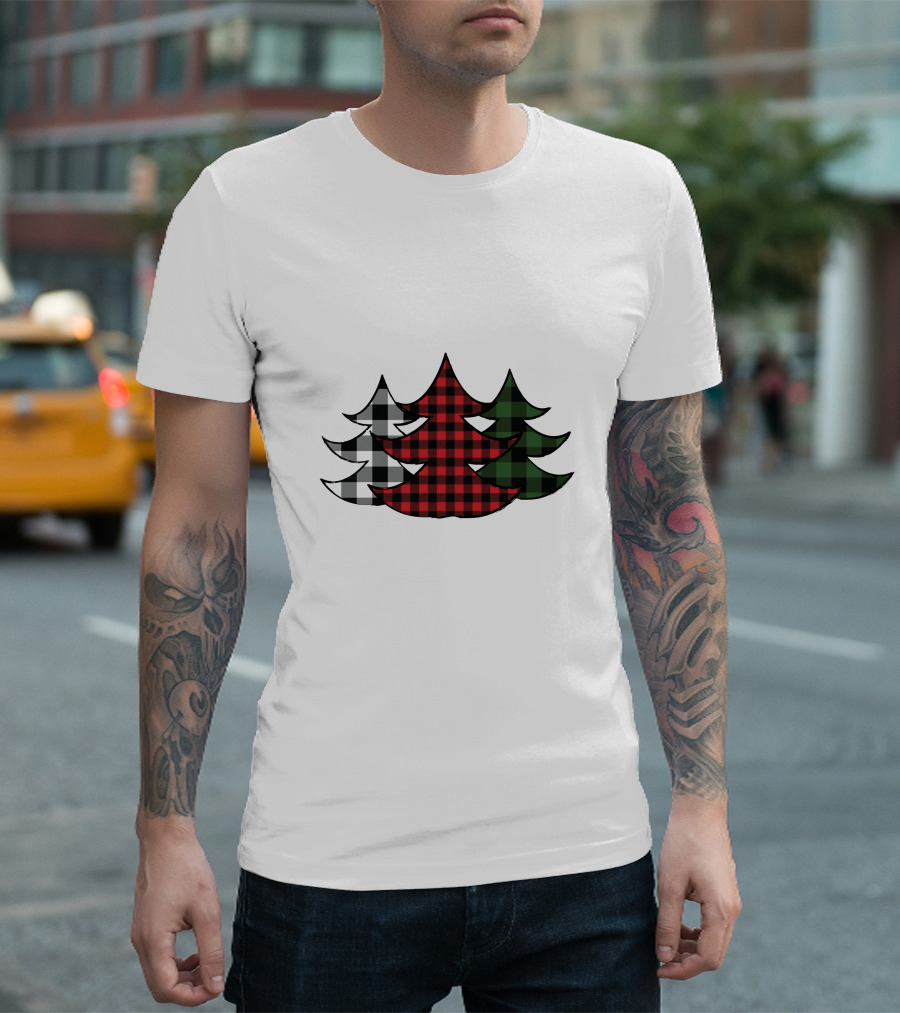 Plaid Christmas Tree Red Green Black White Xmas T-Shirt