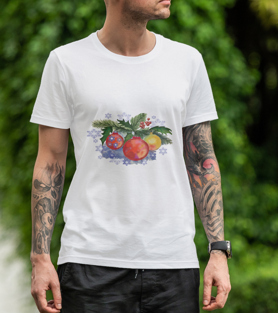 Watercolor Christmas Balls Ornaments With Pine Leaves And Snowflakes T-Shirt
