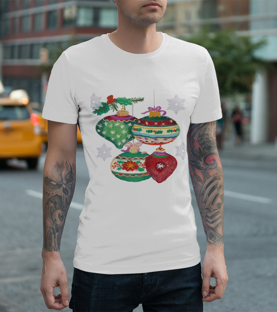 Watercolor Christmas Balls Snowflake Ornaments With Holly And Ribbon Accents T-Shirt