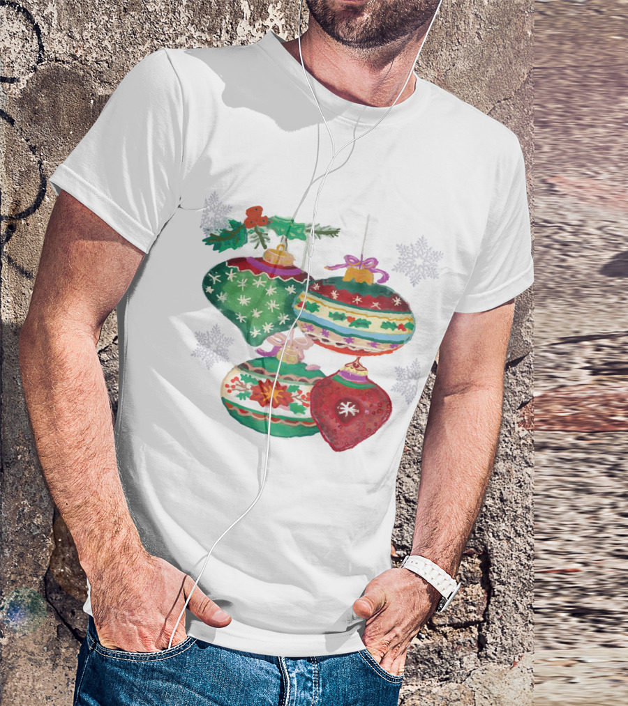 Watercolor Christmas Balls Snowflake Ornaments With Holly And Ribbon Accents T-Shirt