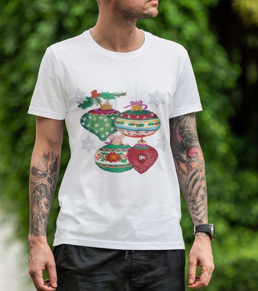 Watercolor Christmas Balls Snowflake Ornaments With Holly And Ribbon Accents T-Shirt