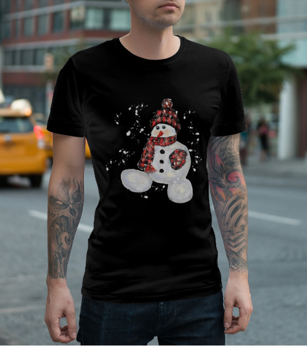Watercolor Snowman Buffalo Plaid Hat And Scarf With Snowflakes T-Shirt