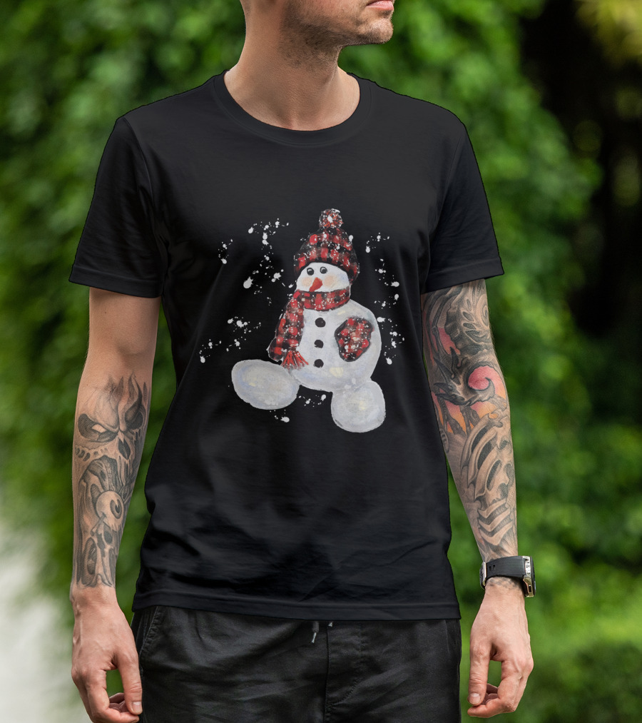 Watercolor Snowman Buffalo Plaid Hat And Scarf With Snowflakes T-Shirt