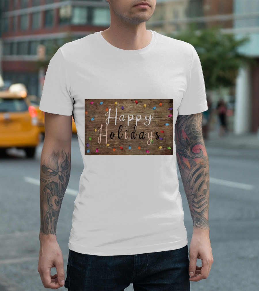 Happy Holidays Christmas Light Rustic Wood Background with Colorful Bulbs T-Shirt