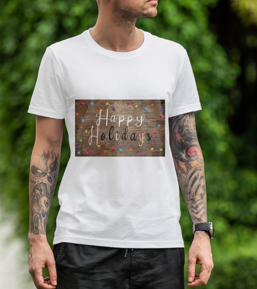 Happy Holidays Christmas Light Rustic Wood Background With Colorful Bulbs T-Shirt