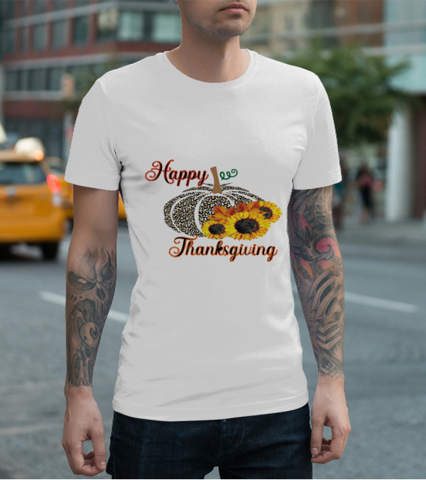 Happy Thanksgiving Leopard Print Pumpkin Sunflowers T-Shirt
