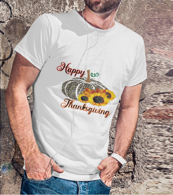 Happy Thanksgiving Leopard Print Pumpkin Sunflowers T-Shirt